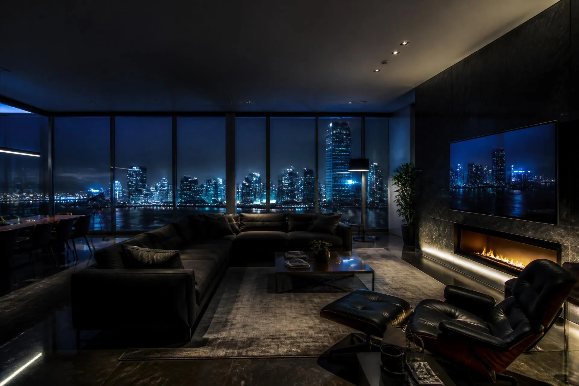 Immaculate modern living space at night